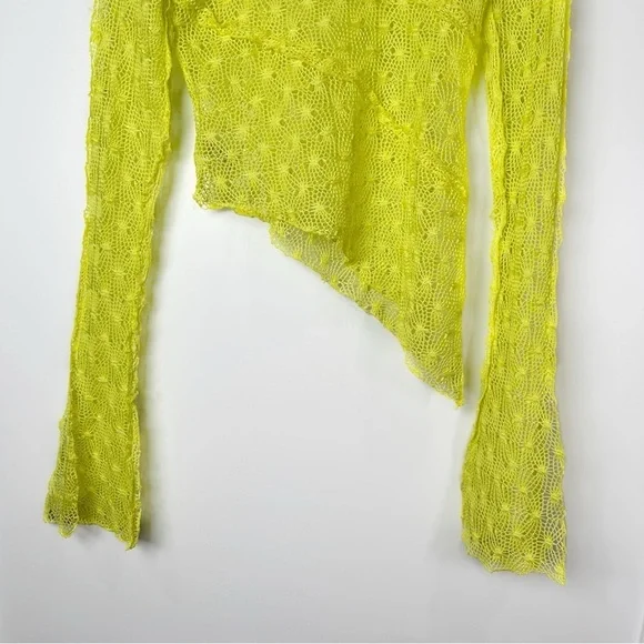 KIM SHUI Exclusive Asymmetrical Sheer Crochet Turtleneck Top Neon Yellow Size S - Picture 12 of 12
